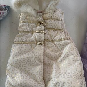 Ivory & Gold Quilted Puff Vest with Faux Fur Hood